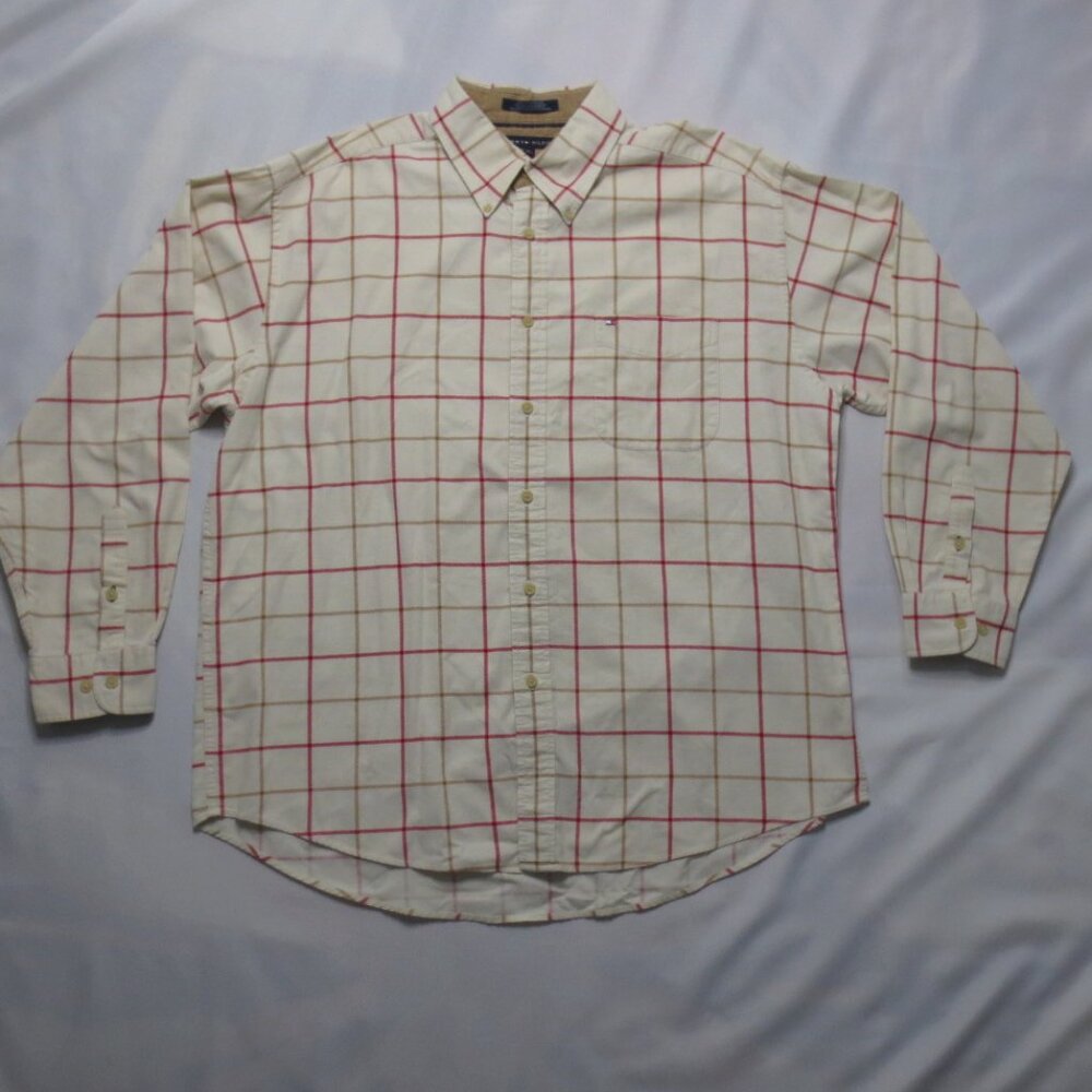 TOMMY HILFIGER mens CORDUROY shirt CREAM red CASUAL button-down PLAID SIZE XL